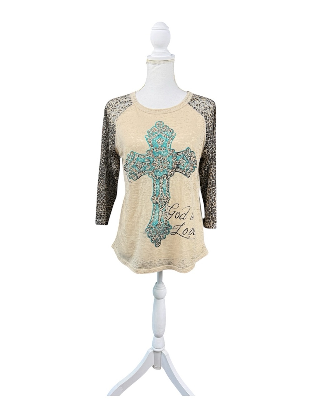 Southern Grace Cream Leopard Raglan God Is Love Cross Tee Size Medium